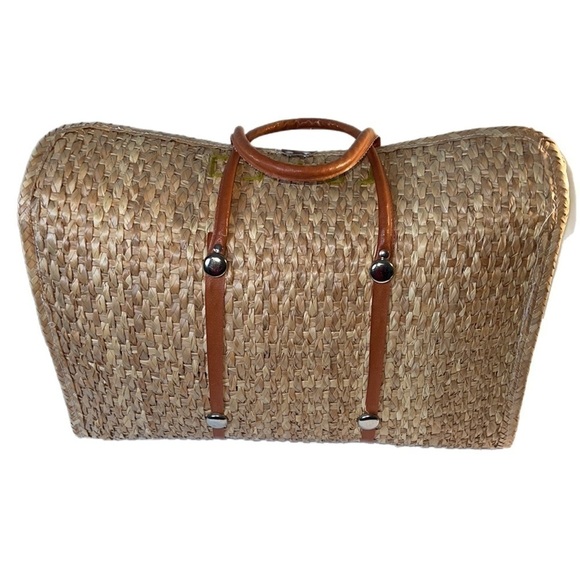 Ex Vintage 70s Boho Straw Handmade Taxco, Mexico Floral Embroidered Tote Handbag - Picture 3 of 14